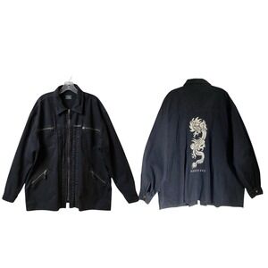 Vintage Parasuco Jeans Utility Jacket L Black Embroidered Dragon Grunge Workwear